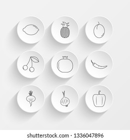 lemon, pineapple, Plum, Cherry and Pomegranate icons on plate illustration set