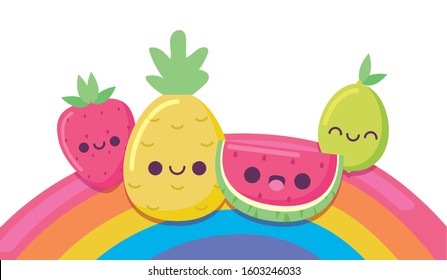 lemon pineapple watermelon and strawberry cartoon design, Kawaii expression cute character funny and emoticon theme Vector illustration