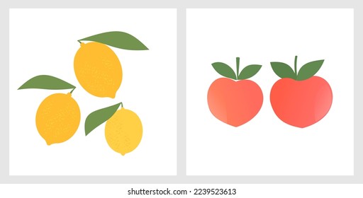 Lemon y melocotón rosa con símbolo de icono de hojas verdes aislado en ilustración vectorial de fondo blanco.