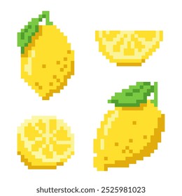 Pixel de limón arte. conjunto de frutas. Rodaja de limón entera. Ilustración vectorial