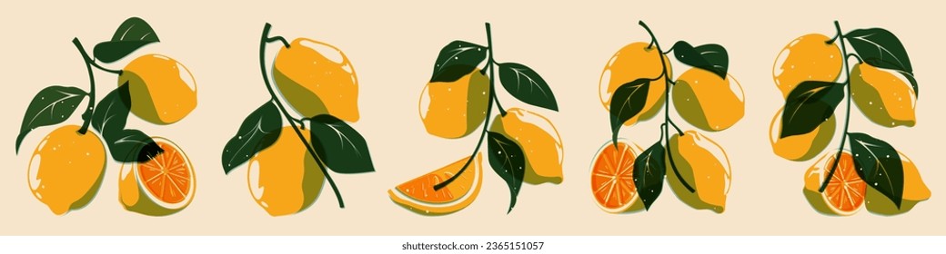 Lemon plant riso collection. Fresh citrus fruit for organic eco design, cartoon botanical print elements of lemon tree. Vector isolated set. Juicy natural food with vitamins, sour fruit