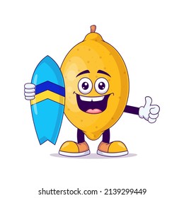 lemon playing surfing cartoon mascot character vector illustration design