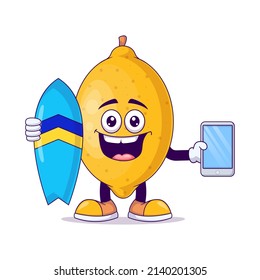 lemon playing surfing cartoon mascot character vector illustration design