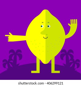 Lemon pointing direction. Flat style vector illustration . Funny cartoon character