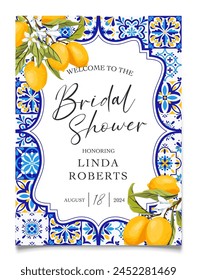 Lemon Positano Bridal Shower Invitation. Lemon and Blue Tiles Bridal Shower invitation. Mediterranean, Portugues Italian Blue Tiles. Talavera Party Invitation. Vector illustration.