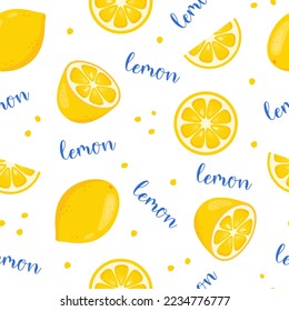 Lemon positive seamless pattern. Whole, half and slices of ripe yellow lemons and blue text on white background. Summer fruits theme wallpaper. 