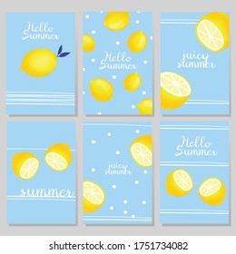 Lemon postcard set. Set of cute cards with juicy lemons. Set of summer poster.