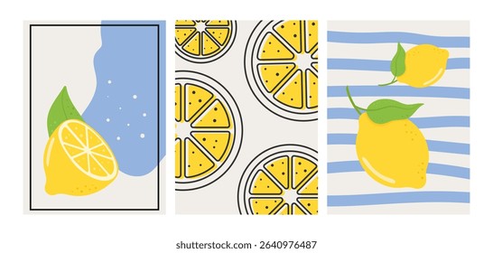 Lemon poster set. Cards with blue and yellow design elements. Fresh citrus fruit wall art, summer kitchen decor.