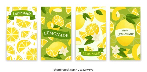 Lemon posters. Cartoon banner with lemonade sour drink, citrus cutted in slices. Vector abstract postcard set