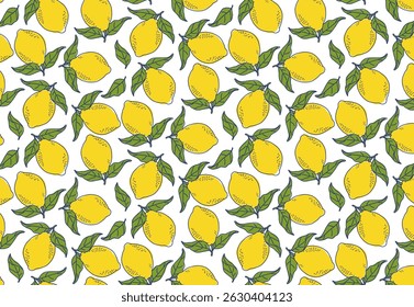Lemon print on white background. Hand drawn seamless pattern, groovy citrus design for fabric, invitations and wrapping paper.