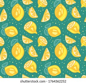 Lemon print. Summer seamless pattern. Lemonade drink background. Lemons, mint leaves, bubbles. Citrus fruit wallpaper. Vector illusttation.