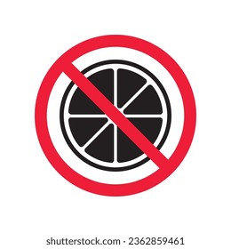 Lemon prohibited vector icon. No citrus symbol pictogram. Forbidden lemon icon. Warning, caution, attention, restriction, danger label ban flat sign design.