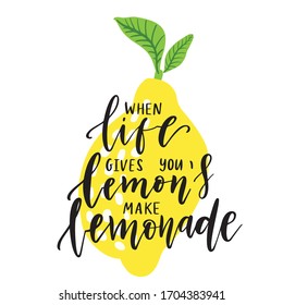 Limón y cita aislados en fondo blanco. Cuando la vida te da limones hacen un afiche de tipografía dibujado a mano. Inspiradora motivación vectorial ilustración con letras dibujadas a mano.