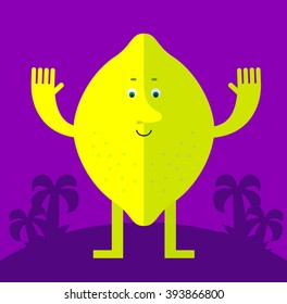 Lemon raising his hands. Flat style vector illustration . Funny cartoon character