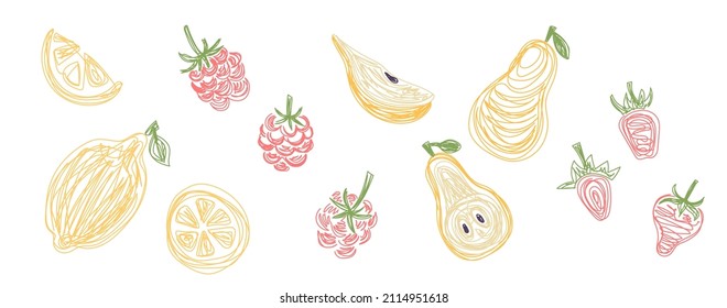 Zitronen, Himbeeren, Birnen und Erdbeeren. Fruchtbündel. Handgezeichnete Vektorgrafik. Pen-oder Marker-Doodskizze