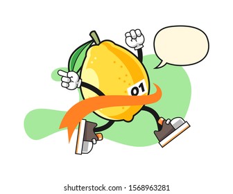 Lemon reach the finish line with speech bubble cartoon. Mascot Character vector.