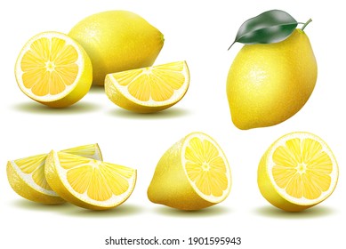 Lemon. Realistic 3d lemon with green leaf whole and sliced set, sour fresh fruit, bright yellow peel, set of lemons vector illustration isolated on white background