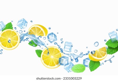 Lemon realistic slices, fresh mint leaves in a splash of water or ice tea with drops and ice cubes. Lemonade splashing, citrus cold beverage flow, 3d vector