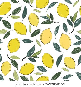 Lemon repeated background. Lemons and leaves hand drawn. Colorful tropical summer seamless pattern. Yellow lemon simple flat style vector illustration. Fruit branches on a white background.