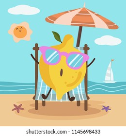 Lemon rest relex on the beach Holiday concept cartoon character emotions vector illustration design.