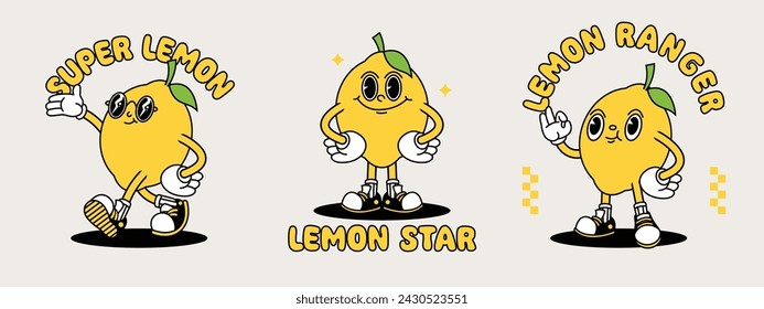 Lemon retro mascot with hand and foot. Retro cartoon stickers with funny comic characters and gloved hands.