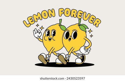 Lemon retro mascot with hand and foot. Retro cartoon stickers with funny comic characters and gloved hands.