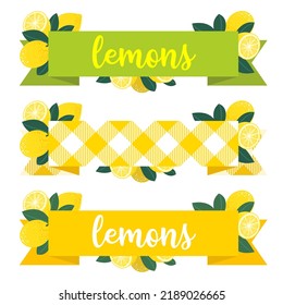 Lemon ribbons set with fruits and leaves . Vector illustration.