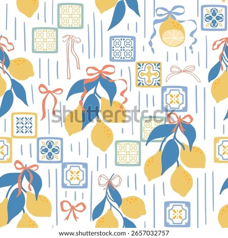 Lemon, ribbons, vertical stripes, bow knots, tiles, Mediterranean summer seamless pattern. Vector hand drawn citrus decorative print, fresh fruit design for textile, packaging, kitchen background.