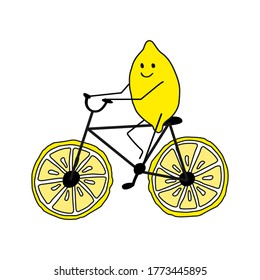 Lemon rides on a cycle bike with wheels made from round slices of lemon.