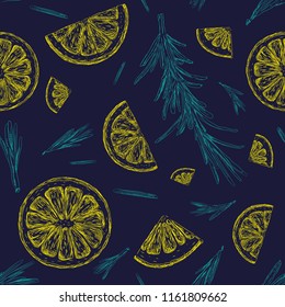 
lemon and rosemary. engraving