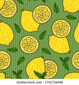 Lemon and a round slice on green striped Seamless pattern texture. Vector hand drawn illustration. Surface yellow color kitchen design background. Summer lemonade