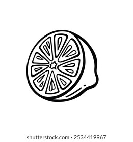 Lemon round slice. outline one citrus piece of circle shape with segments inside, slice of fresh sour lemon fruit with vitamin C, symbol of tropical summer