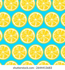 Lemon round slices seamless pattern on blue background. Fun and fresh design for summer themes, packaging, textiles, and kitchen decor. Vector illustration
