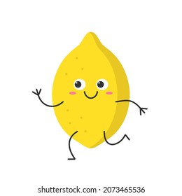 Lemon running cute funny character cartoon emotions joy happy smile face icon bright juicy fruit vector illustration.