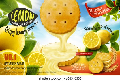 Lemon sandwich cookies ad with dripping sauce isolated on orchard background in 3d illustration