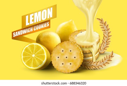 Lemon sandwich cookies elements, lemon sauce dripping from top with ingredient wheat isolated on yellow background in 3d illustration