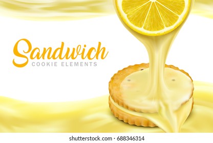 Lemon sandwich cookies elements, sweet and sour sauce dripping from lemon section and flowing everywhere in 3d illustration