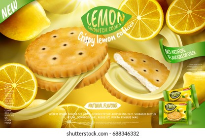 Lemon sandwich crispy cookies  with floating fillings and sliced fruit flying in the air, isolated on yellow background in 3d illustration