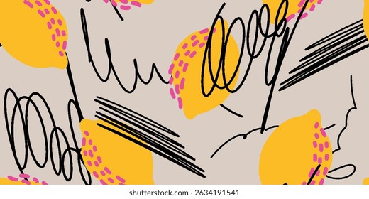 Lemon Scribbles A Fun and Colorful Fruit Illustration Seamless Pattern