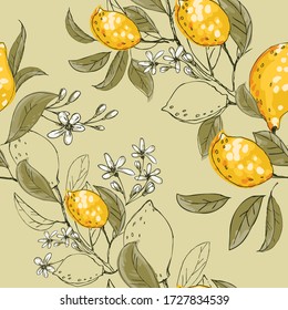 Lemon. Seamless background from a blooming garden with tropical fruits and leaves. Background design for packaging, paper, textile, eco products. Vector graphic in the style of hand drawn. Doodle.