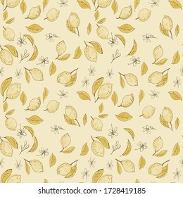 Lemon. Seamless background from a blooming garden with tropical fruits and leaves. Background design for packaging, paper, textile, eco products. Vector graphic in the style of hand drawn. Doodle.