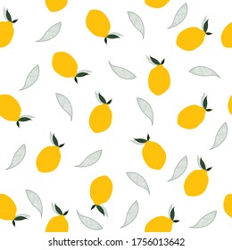 Lemon seamless background. Fresh yellow lemons with leaves on white background. Summer minimalist style, juicy and bright vector pattern.  