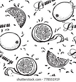 Lemon seamless background. Vector black and white pattern with lemon and text at doodle style