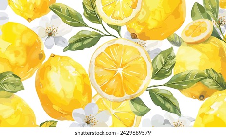 Lemon seamless border fruit illustration, cute citrus watercolor jpeg repeat digital file on a white background close up