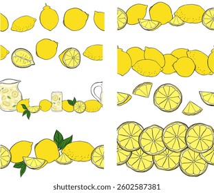 limão conjunto de borda sem costura, moldura de frutas, elemento exótico cítrico para design, espaço para texto, limonada. Conjunto de bordas horizontais sem costura de tinta de linha gráfica vetorial. Ideal para menu, pacote, cosmético, têxtil