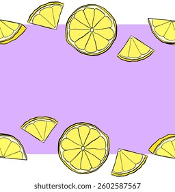 lemon seamless border set, fruit frame, citrus exotic element for design, space for text, lemonade. Vector graphic line ink seamless horizontal border set. Ideal for menu, package, cosmetic, textile