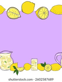 limão conjunto de borda sem costura, moldura de frutas, elemento exótico cítrico para design, espaço para texto, limonada. Conjunto de bordas horizontais sem costura de tinta de linha gráfica vetorial. Ideal para menu, pacote, cosmético, têxtil