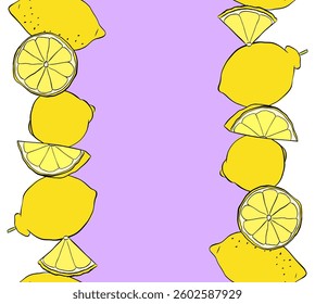 lemon seamless border set, fruit frame, citrus exotic element for design, space for text, lemonade. Vector graphic line ink seamless horizontal border set. Ideal for menu, package, cosmetic, textile