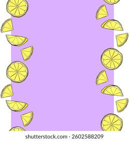 lemon seamless border set, fruit frame, citrus exotic element for design, space for text, lemonade. Vector graphic line ink seamless horizontal border set. Ideal for menu, package, cosmetic, textile