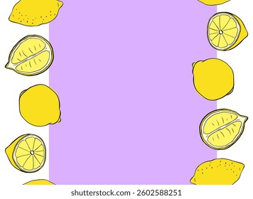 Lemon Naadloze Rand Set, Fruit Frame, Citrus Exotisch Element voor Ontwerp, Ruimte voor Tekst, Citroen. Vector grafische lijn inkt naadloze horizontale rand set. Ideaal voor menu, pakket, cosmetisch, textiel